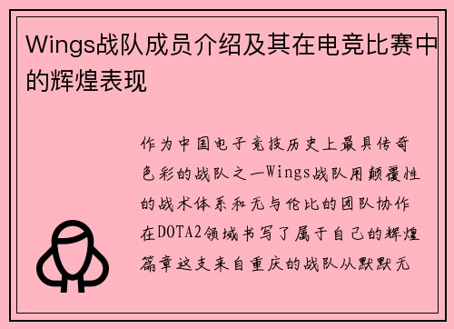 Wings战队成员介绍及其在电竞比赛中的辉煌表现