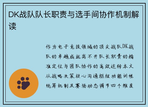 DK战队队长职责与选手间协作机制解读